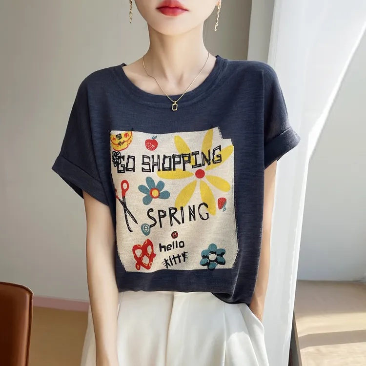 新款夏季短袖竹节麻冰丝上衣女时尚洋气薄款透气