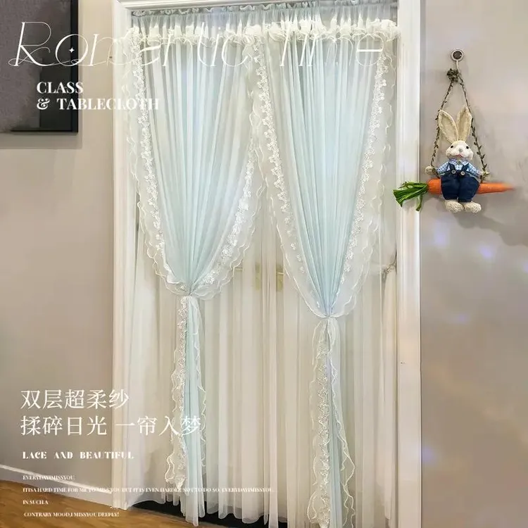 法式蕾丝纱帘双层窗帘卧室窗纱门帘客厅飘窗隔断阳台透光不透人荷