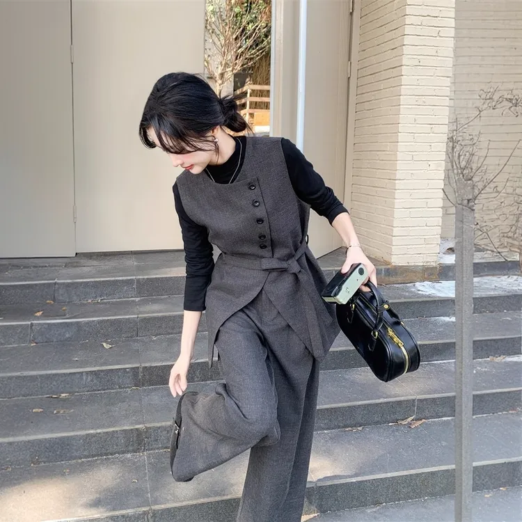 大码韩系灰色西装马甲两件套装裤女春秋胖mm阔腿裤时尚高级感御姐