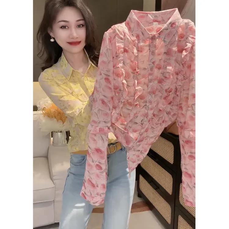 春季新款木耳边小清新花色洋气百搭衬衫