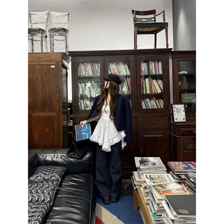 韩系氛围感抹胸拼接打底上衣宽松长袖西装外套高腰直筒休闲阔腿裤