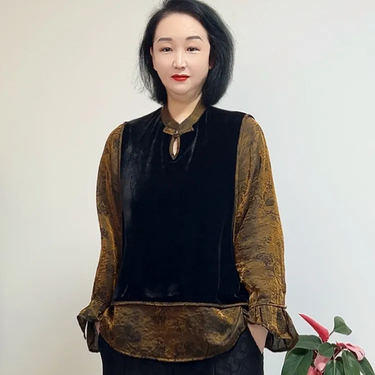 拼接立领新中式修身显瘦时尚民族风女衬衫2601