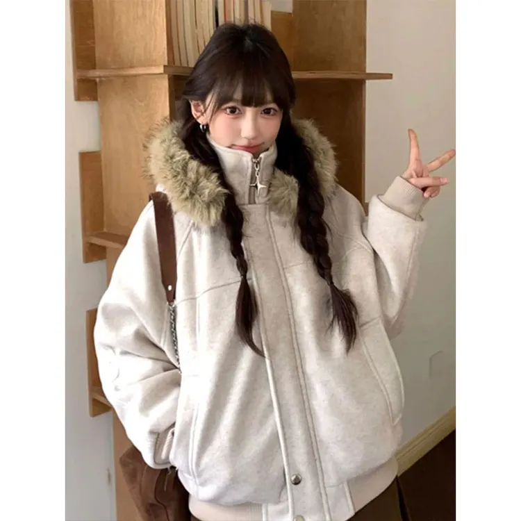韩版毛领连帽棉服男女款秋冬加厚小个子短款棉衣外套重磅毛呢夹克