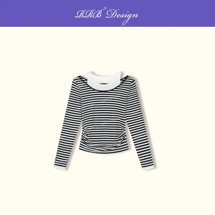 RRB Design 莱赛尔羊毛桑蚕丝条纹百搭显瘦假两件长袖T恤