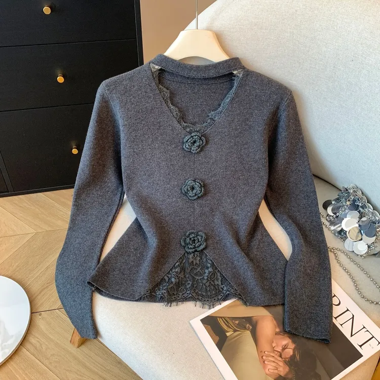 自留推荐~立体花朵蕾丝V领修身上衣秋冬外内搭打底针织衫G6-63