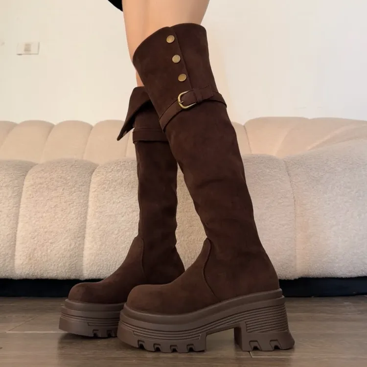 时尚皮带扣厚底过膝马丁长筒靴冬季欧美风过膝骑士靴瘦瘦靴时装靴