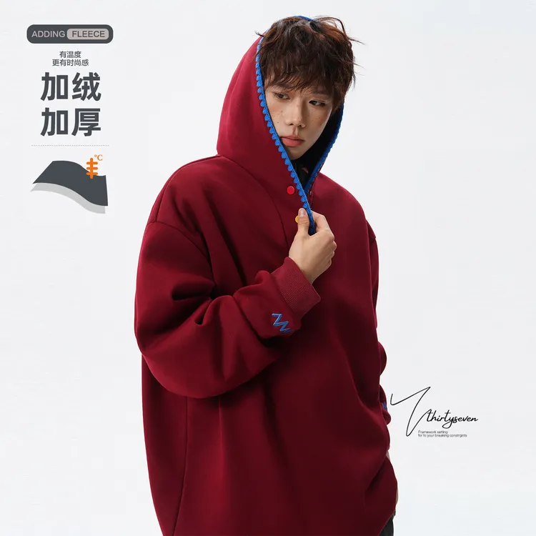 V37美式潮牌撞色编织按扣连帽卫衣男秋冬加绒加厚宽松情侣装上衣