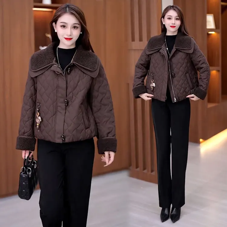 拉夏贝尔小香风短外套2025秋冬新款洋气拼接翻领加厚保暖外套