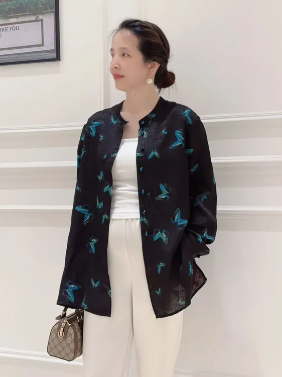 休闲复古常规款中长款薄款上衣长袖女士女装宽松秋季香云纱提花