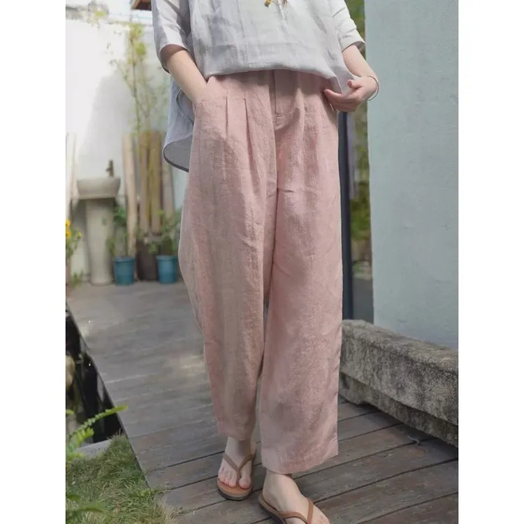 粉色文艺小清新亚麻宽松阔腿萝卜裤女新款夏季韩版棉麻休闲九分裤