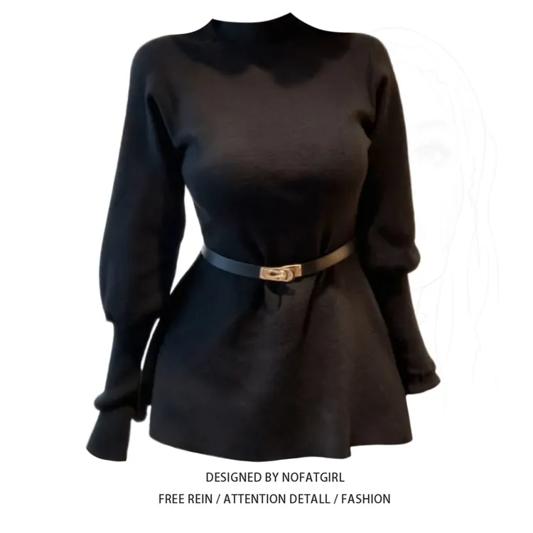 大码胖mm长款半高领灯笼袖打底衫女秋冬特别漂亮掐腰上衣配腰带