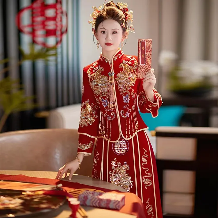 丝绒秀禾服2025新款新娘结婚礼服中式婚纱嫁衣龙凤褂敬酒服