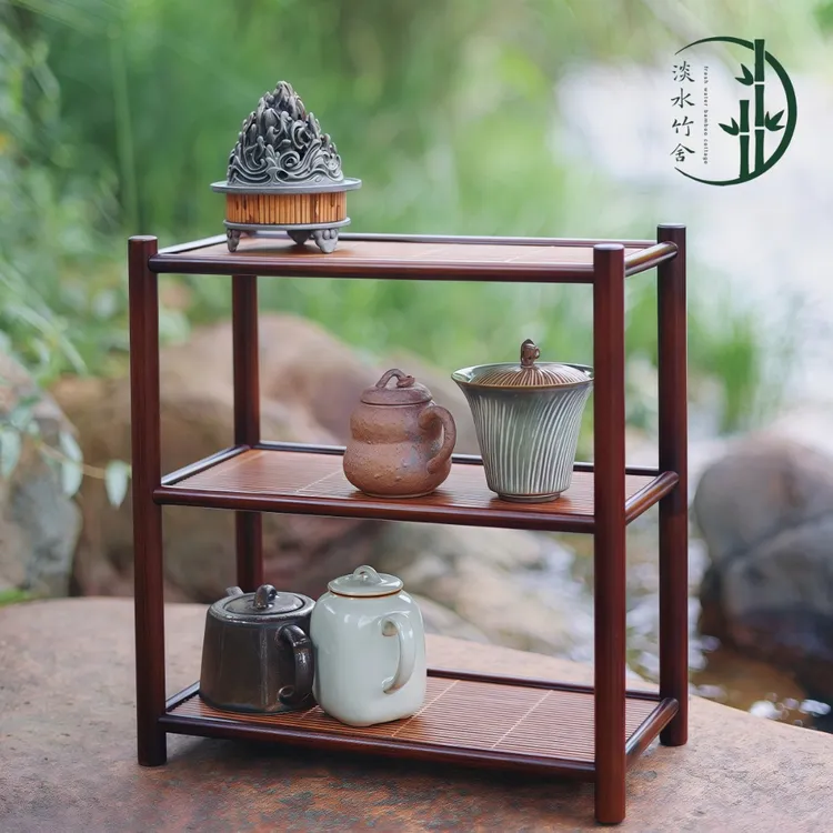 「川流」楠竹手工制作中式陶瓷茶壶杯文玩把件桌面博古置物收纳架