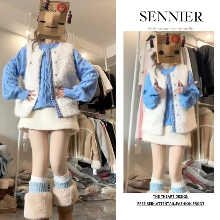 秋季温柔系穿搭女2025新款韩版减龄针织开衫洋气马甲短裙三件套装