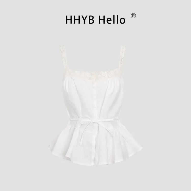 HHYB Hello蕾丝拼接纽扣亚麻吊带2025春夏新款修身无袖上衣253091