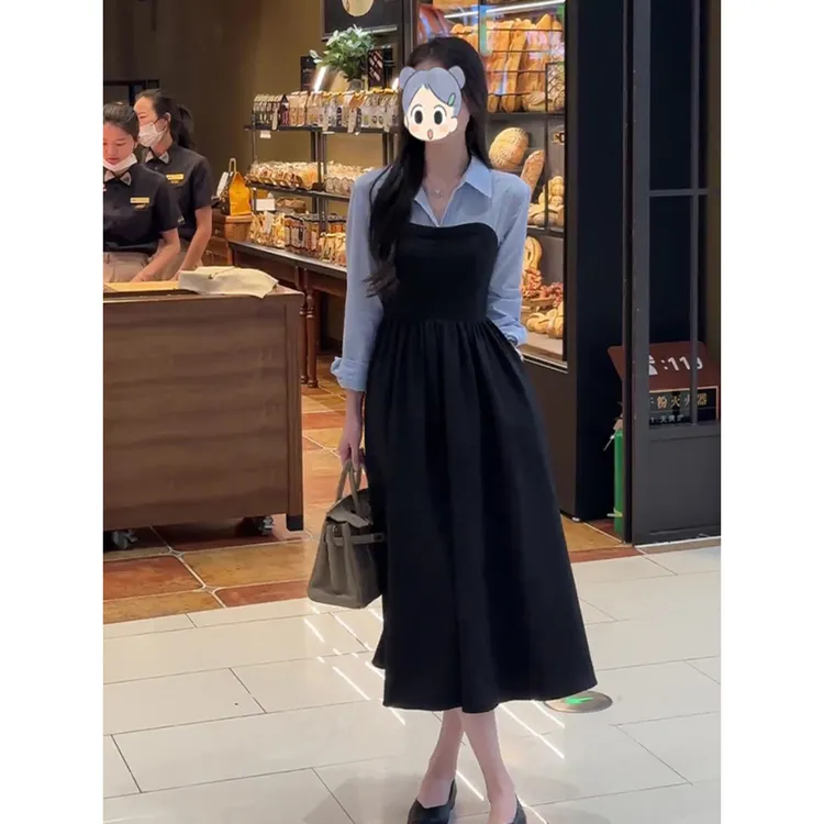 小香风连衣裙秋季新款女御姐气质假两件衬衫裙长袖高级感职场裙