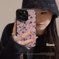 皮质黑玫瑰小花苹果16手机壳15promax温柔粉14适用iPhone13高级12