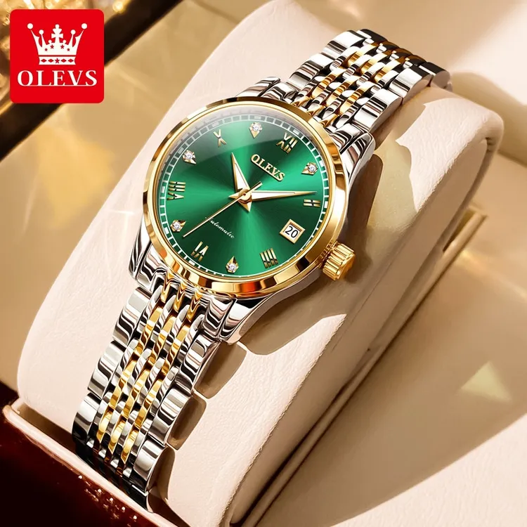 瑞士欧利时小绿表女士手表简约风气质镶钻防水机械表时尚女生腕表