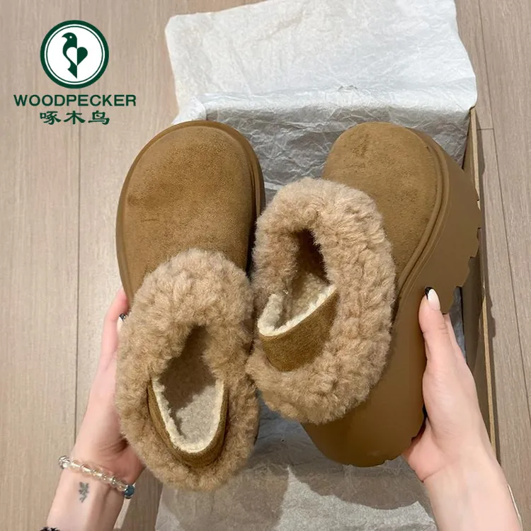 啄木鸟厚底加绒两穿勃肯鞋女2025新款冬季增高雪地靴外穿毛毛棉鞋