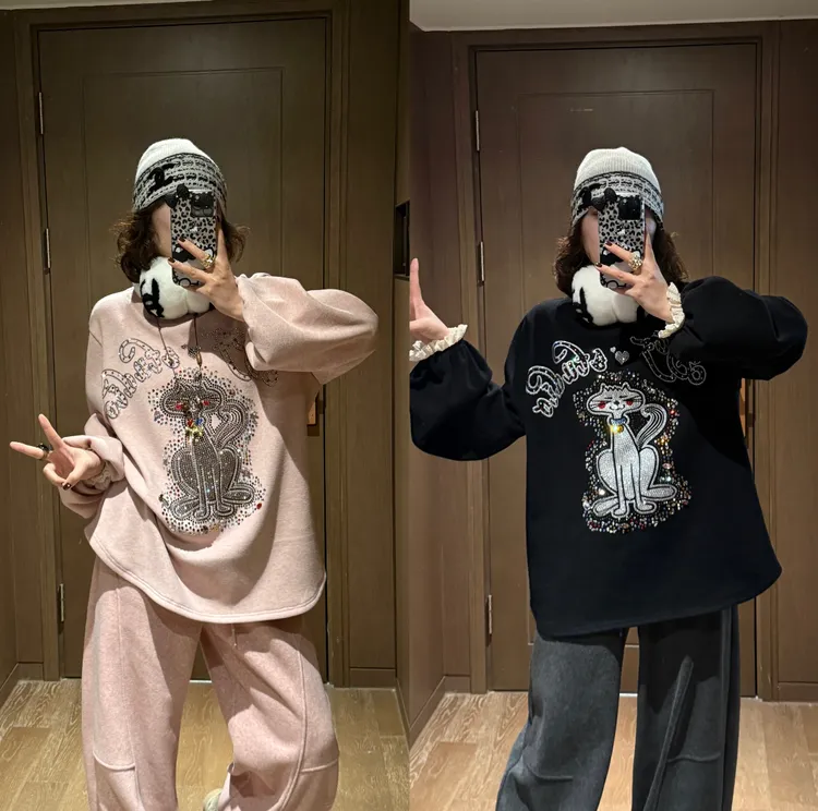 YDFSTUDIO小众【猫咪精灵】欧货重工高品烫钻拼接设计加绒百搭卫衣