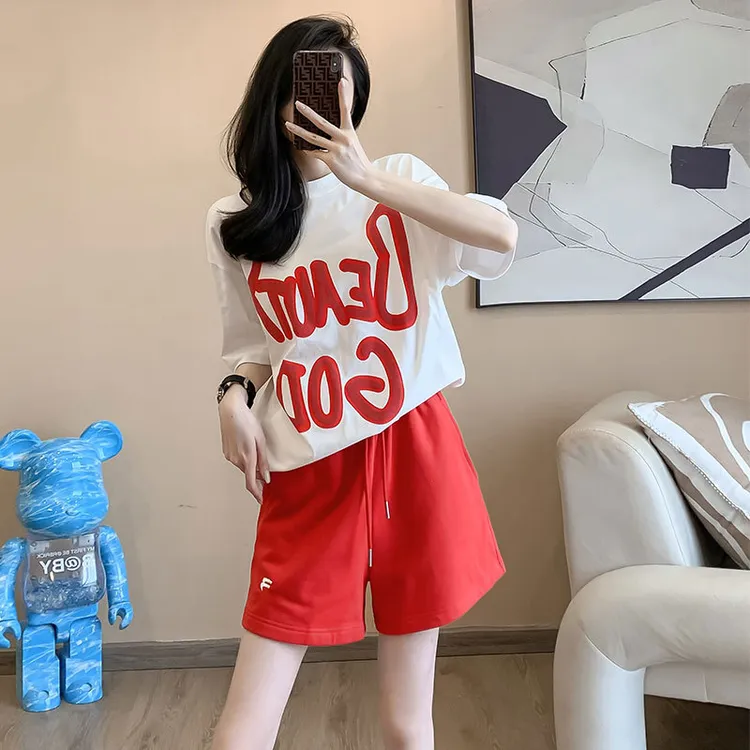 字母印花短袖运动套装女2024休闲时尚宽松短裤两件套洋气跑步