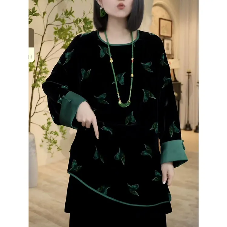 新中式国风女装知性风上衣2025春秋新款高级感老钱风唐装丝绒衬衫
