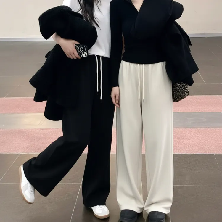 2025新款秋冬德绒宽松遛弯直筒家居裤百搭加厚简约保暖纯色外穿裤