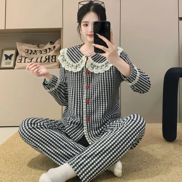 秋冬带胸垫羊绒加厚睡衣女开衫娃娃领花边格子甜美冬季家居服套装