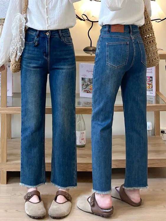 秋季新款阔腿牛仔裤女大码高腰显瘦遮胯流苏弹力法棍裤九分烟管裤