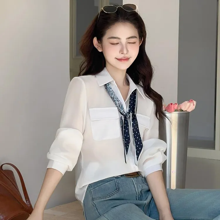 2025秋季新款时尚洋派韩版长袖衬衫女简约气质百搭带丝巾衬衫小衫