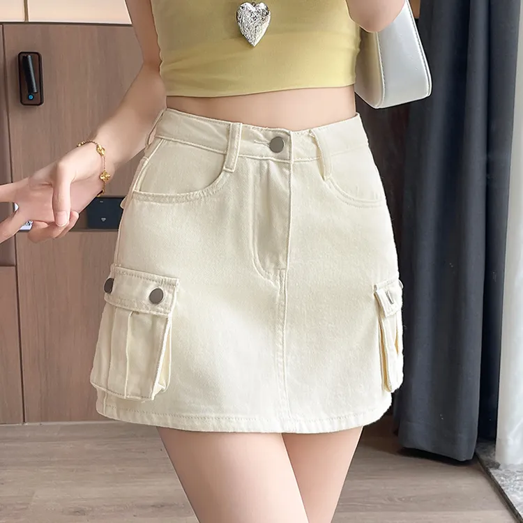 复古辣妹白色工装半身牛仔裙女2025夏季新款A字防走光包臀短裙子