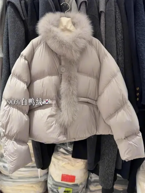 大毛领羽绒服女冬季2025新款小个子高级感短款加厚保暖白鸭绒外套