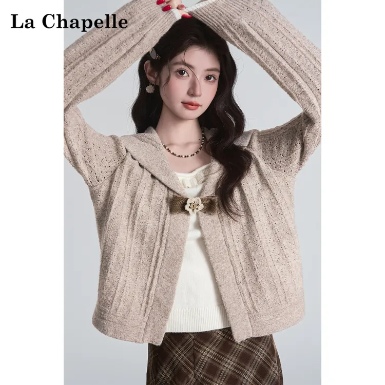 拉夏贝尔假两件海军领短款针织衫毛衣女2025秋冬韩系加厚保暖上衣