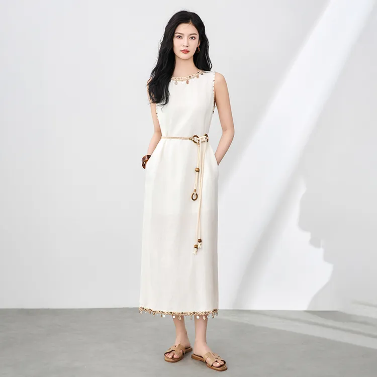 南油波西米亚度假风莱赛尔麻无袖贝壳吊坠流苏连衣裙女夏-2506202