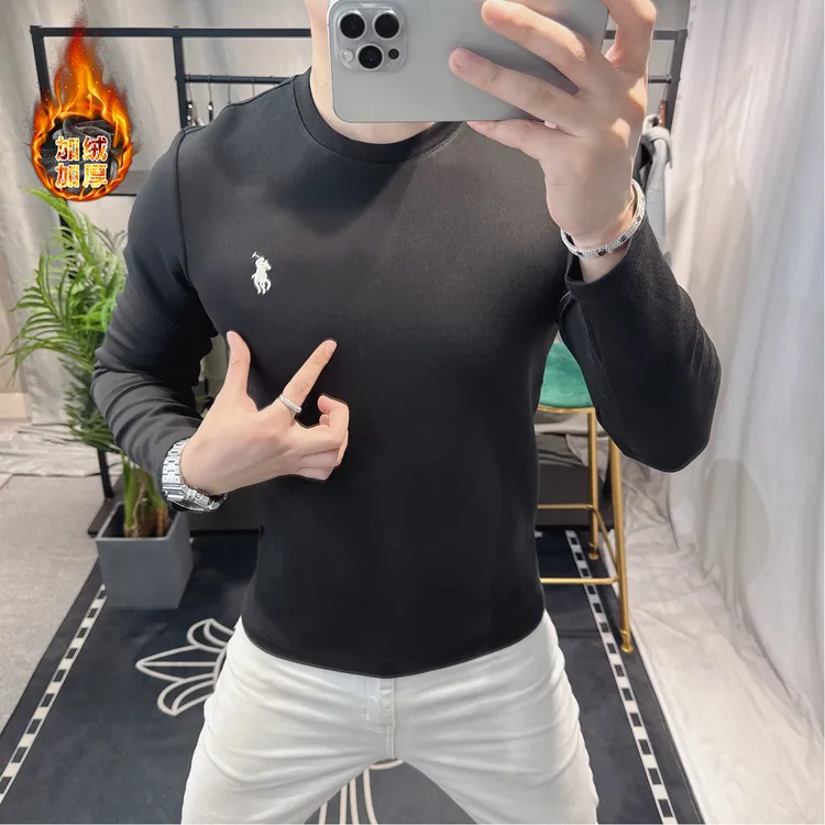欧洲站男士时尚长袖圆领内搭打底衫潮流加绒保暖上衣个性刺绣T恤