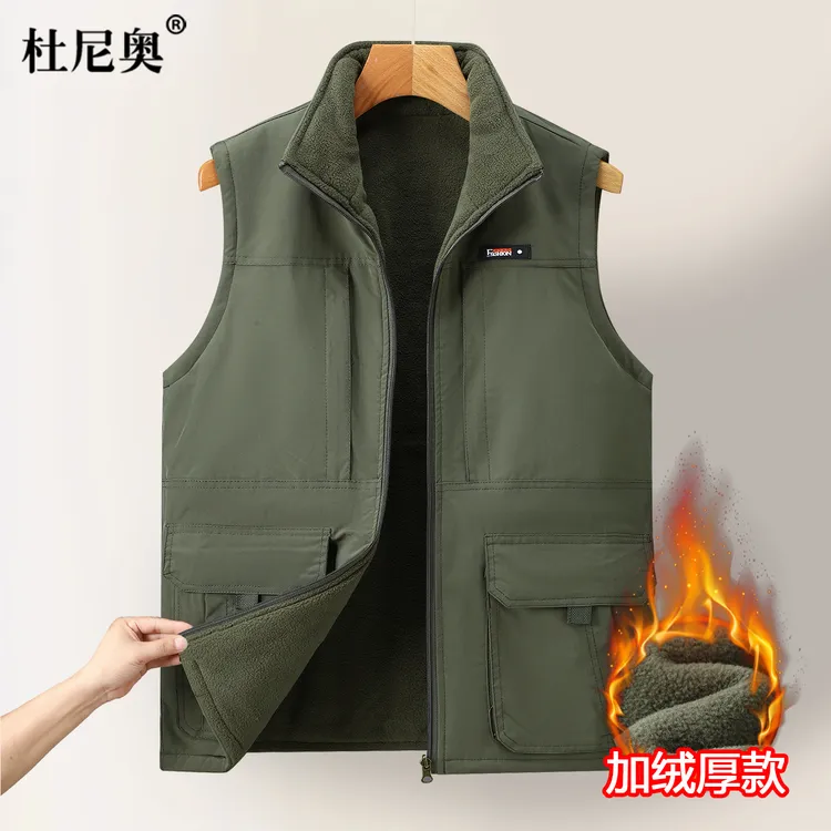 中老年新款马甲男式立领多口袋加绒加厚保暖坎肩背心户外防寒马甲