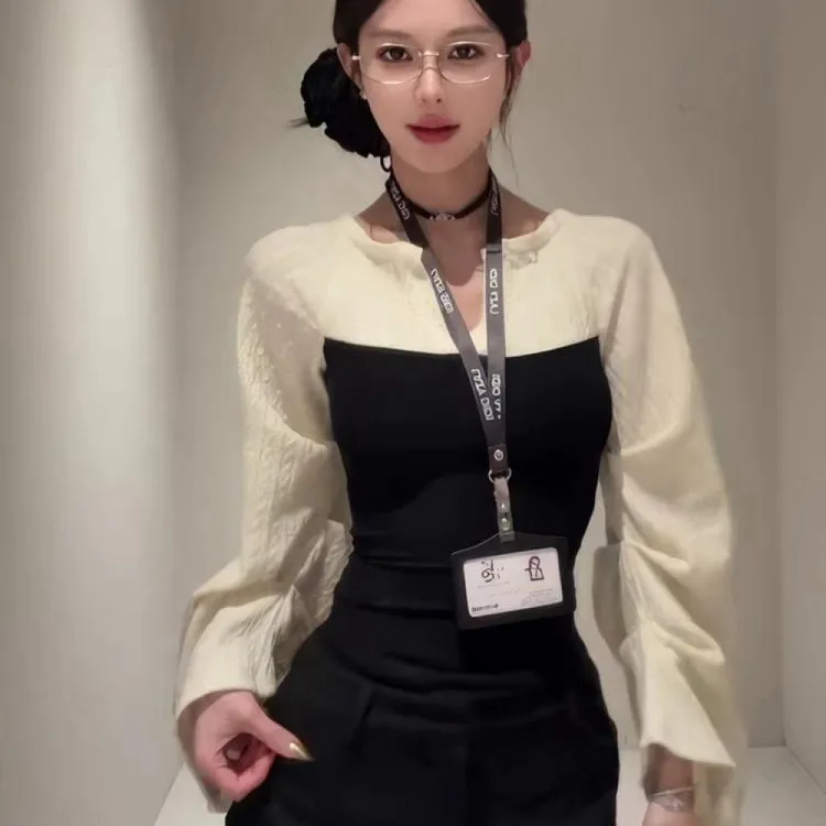 微胖mm性感风长袖拼接时尚针织上衣女设计感拼接修身显瘦打底上衣