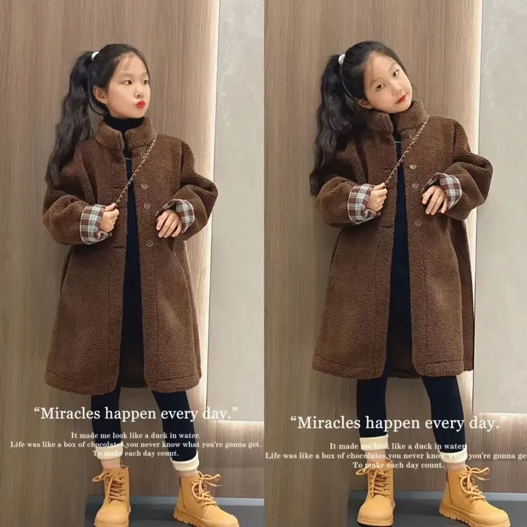 女童秋冬外套2025新款大童装中长款皮毛一体大衣女孩冬季毛毛上衣