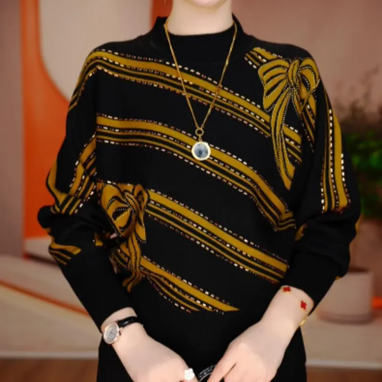 2025秋冬新款提花长袖设计感烫钻套头针织衫时尚条纹显瘦女士毛衣