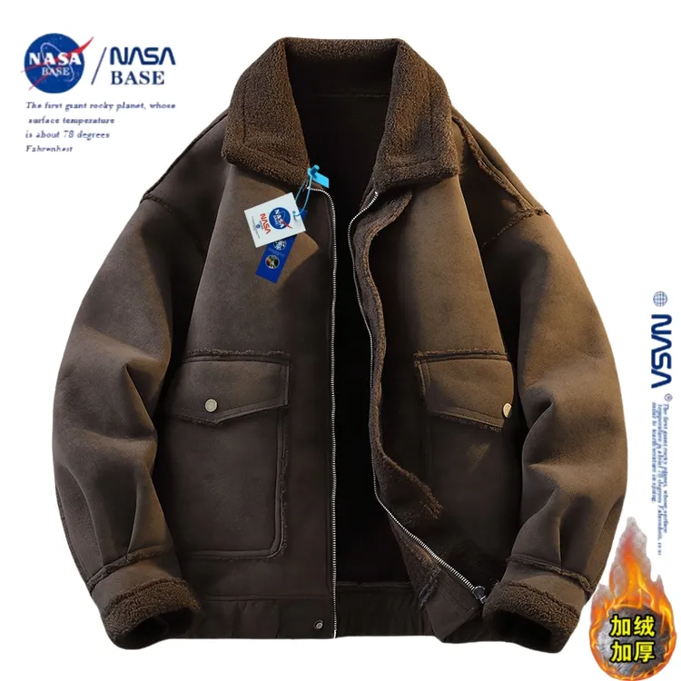 NASA秋冬棉衣加绒复古翻领夹克男士加厚保暖外套冬季潮流皮毛一体