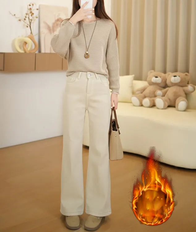 小个子加绒高腰小众高级感直筒时尚百搭显瘦浅卡其时尚牛仔裤