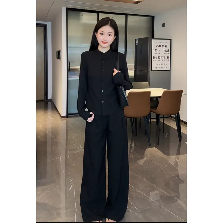 【XINRU心如】复古时尚套装女老钱风轻熟立领长袖上衣宽松阔腿裤休闲两件套