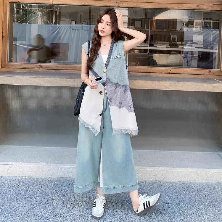 蕾丝拼接牛仔上衣裤子套装女2025新款夏季V领马甲阔腿裤两件套潮