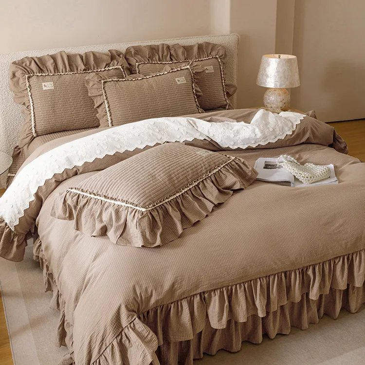 2025新款100%全棉纯棉色织水洗床盖款四件套夹棉加厚床单花边被套