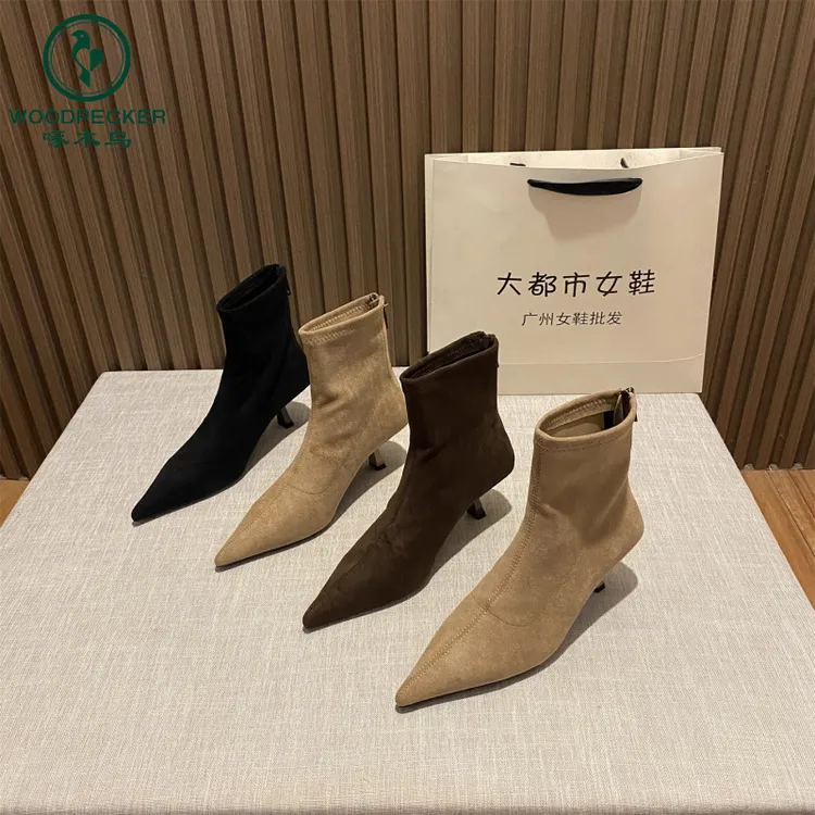 啄木鸟法式尖头短筒细跟绒面及裸靴女2025秋冬复古百搭瘦瘦短靴