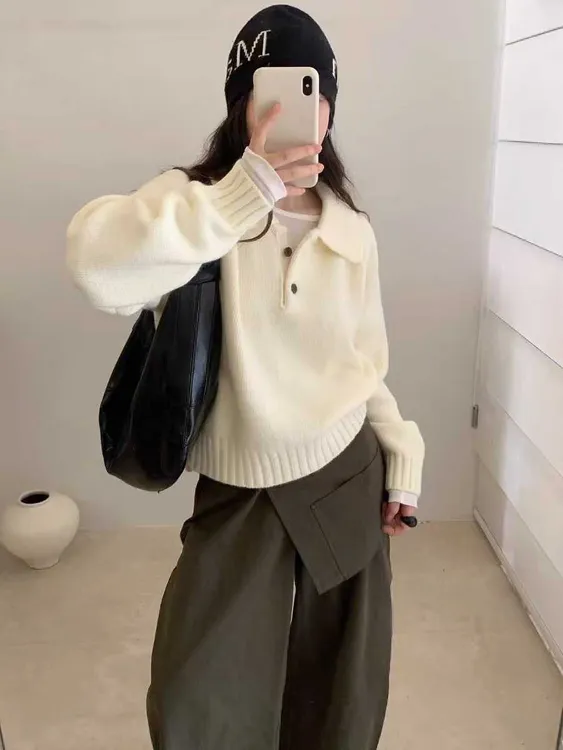 韩系chic简约气质polo翻领宽松套头毛衣女秋冬外穿保暖慵懒针织衫