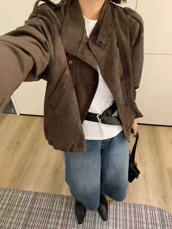 美式复古鹿皮绒风衣外套女欧货2025秋季新款时尚休闲宽松夹克上衣