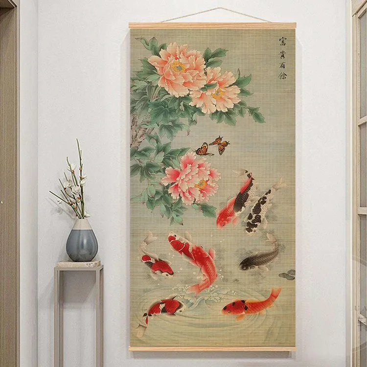 富贵九鱼图竹编挂画适用于客厅茶室玄关卧室免打孔竹挂画印花竹艺