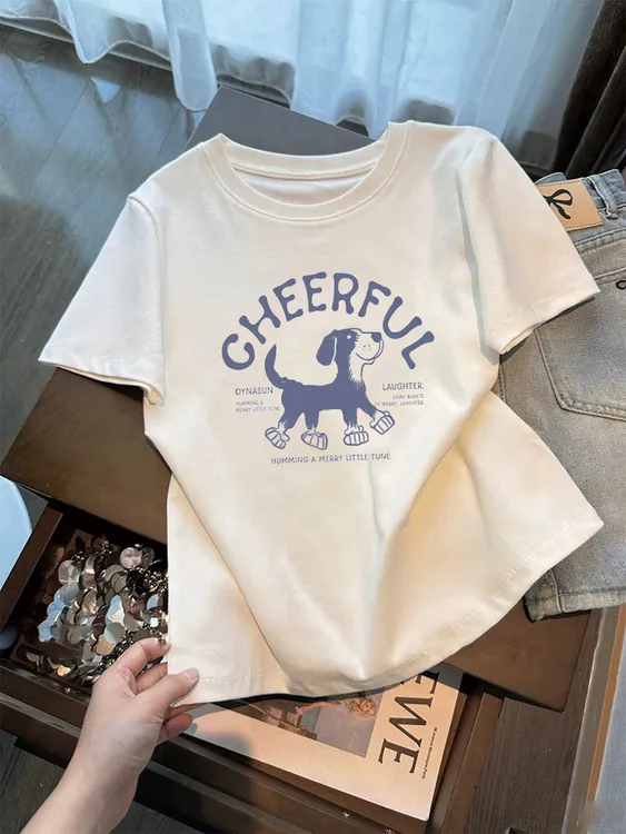 深圳南油广州十三行高端女装字母上衣狗狗印花正肩短袖T恤显瘦夏