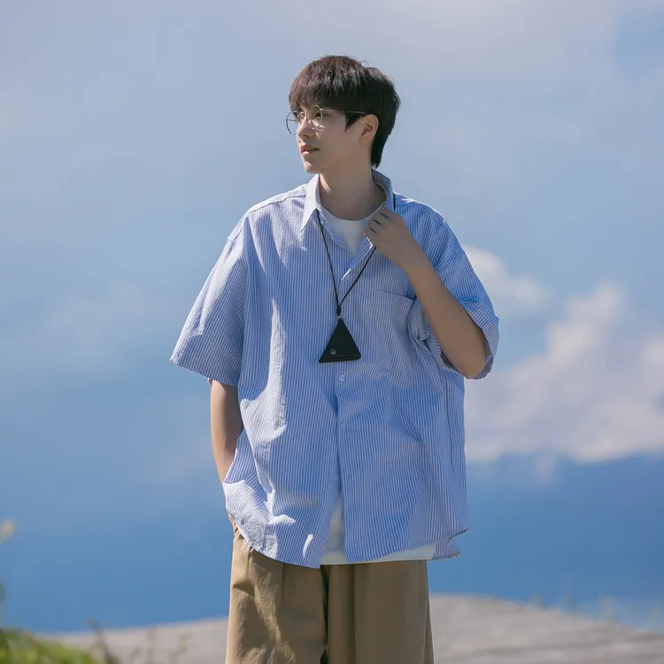 蓝色条纹短袖衬衫男夏季冰丝日系cityboy衬衣高级感情侣dk外套潮